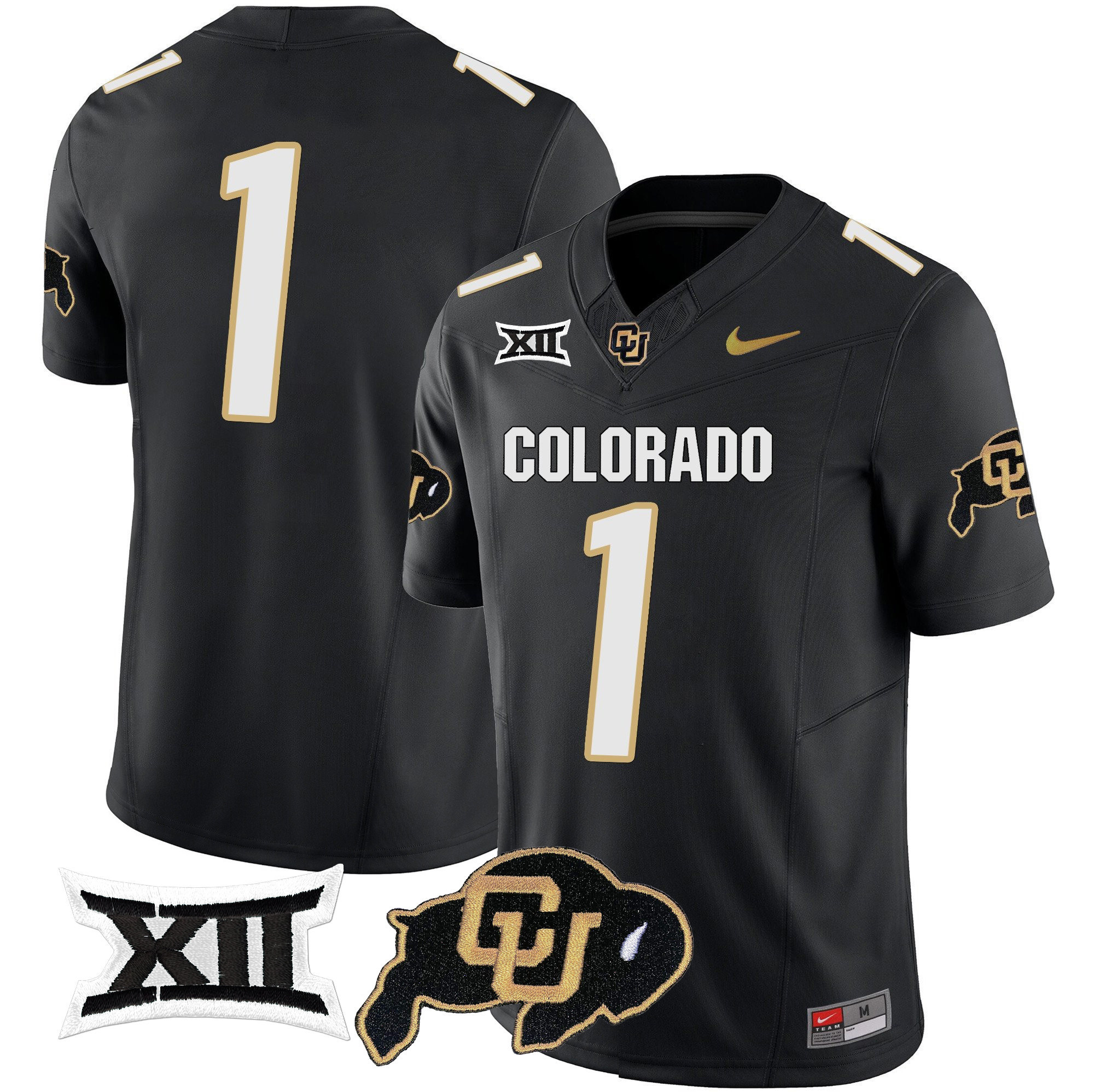 Colorado Buffaloes Vapor Limited Football Jersey V2 - Big 12 XII Patch - All Stitched BLACK #1  no name