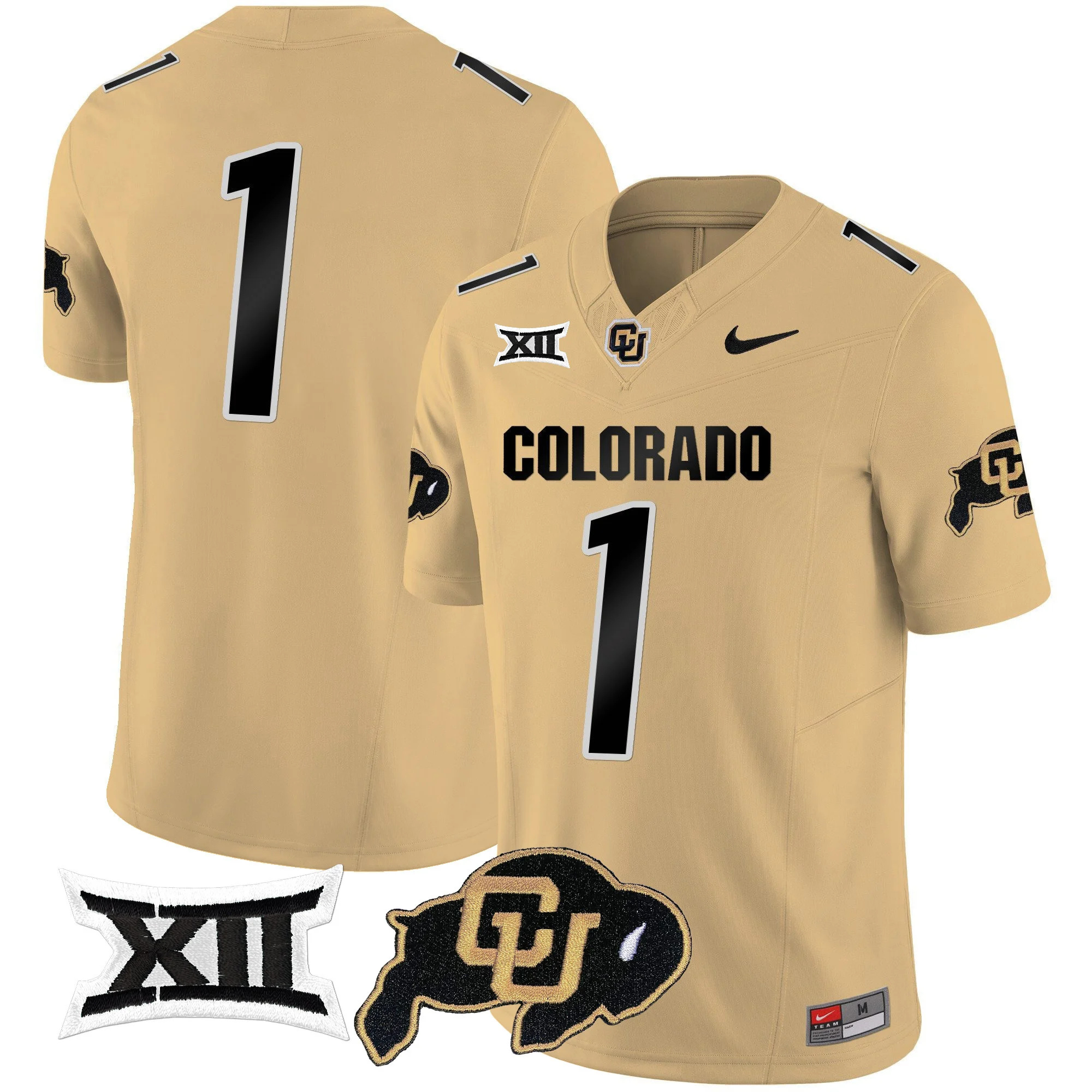 Colorado Buffaloes Vapor Limited Football Jersey V2 - Big 12 XII Patch - All Stitched GOLD #1  no name
