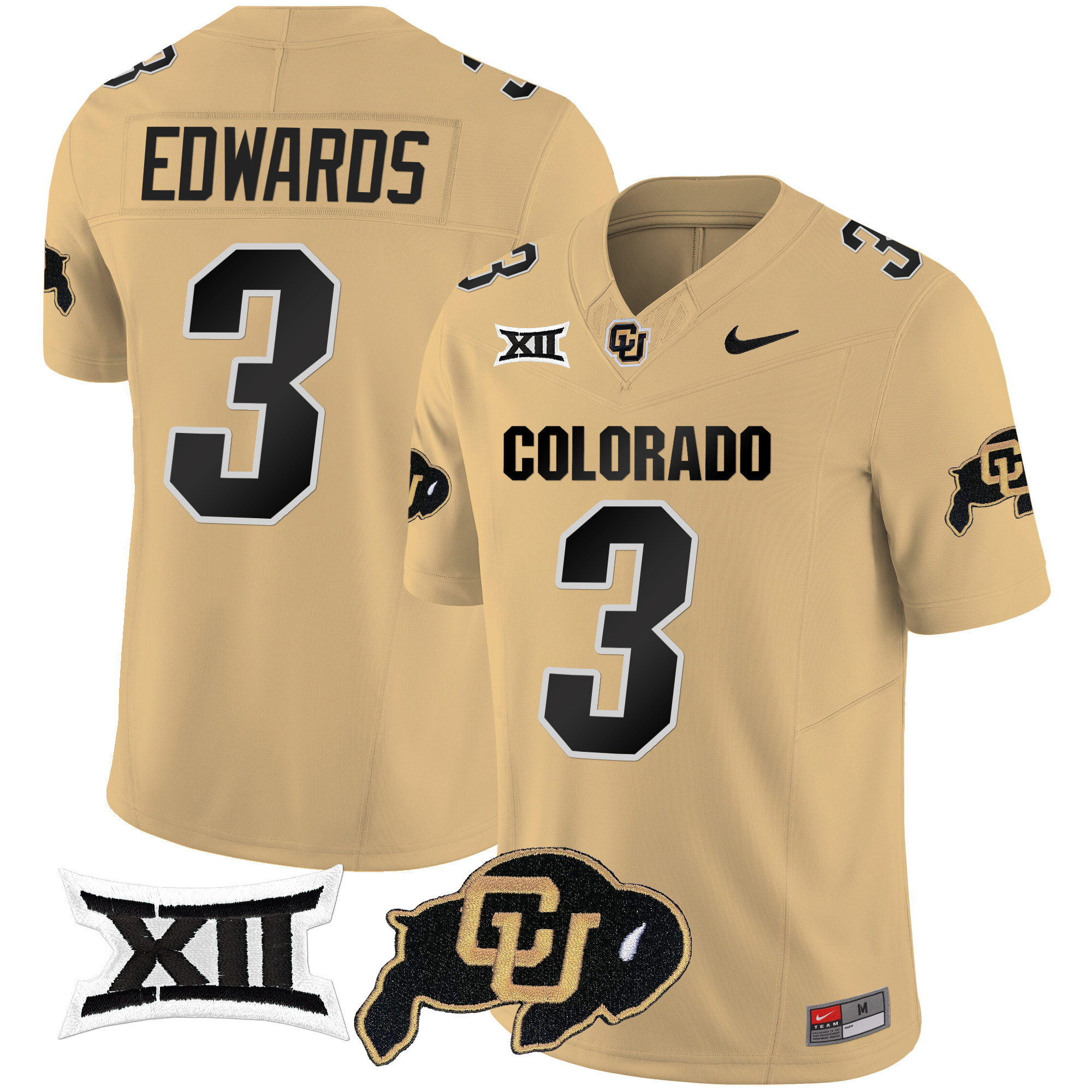Colorado Buffaloes Vapor Limited Football Jersey V2 - Big 12 XII Patch - All Stitched GOLD #3 DYLAN EDWARDS