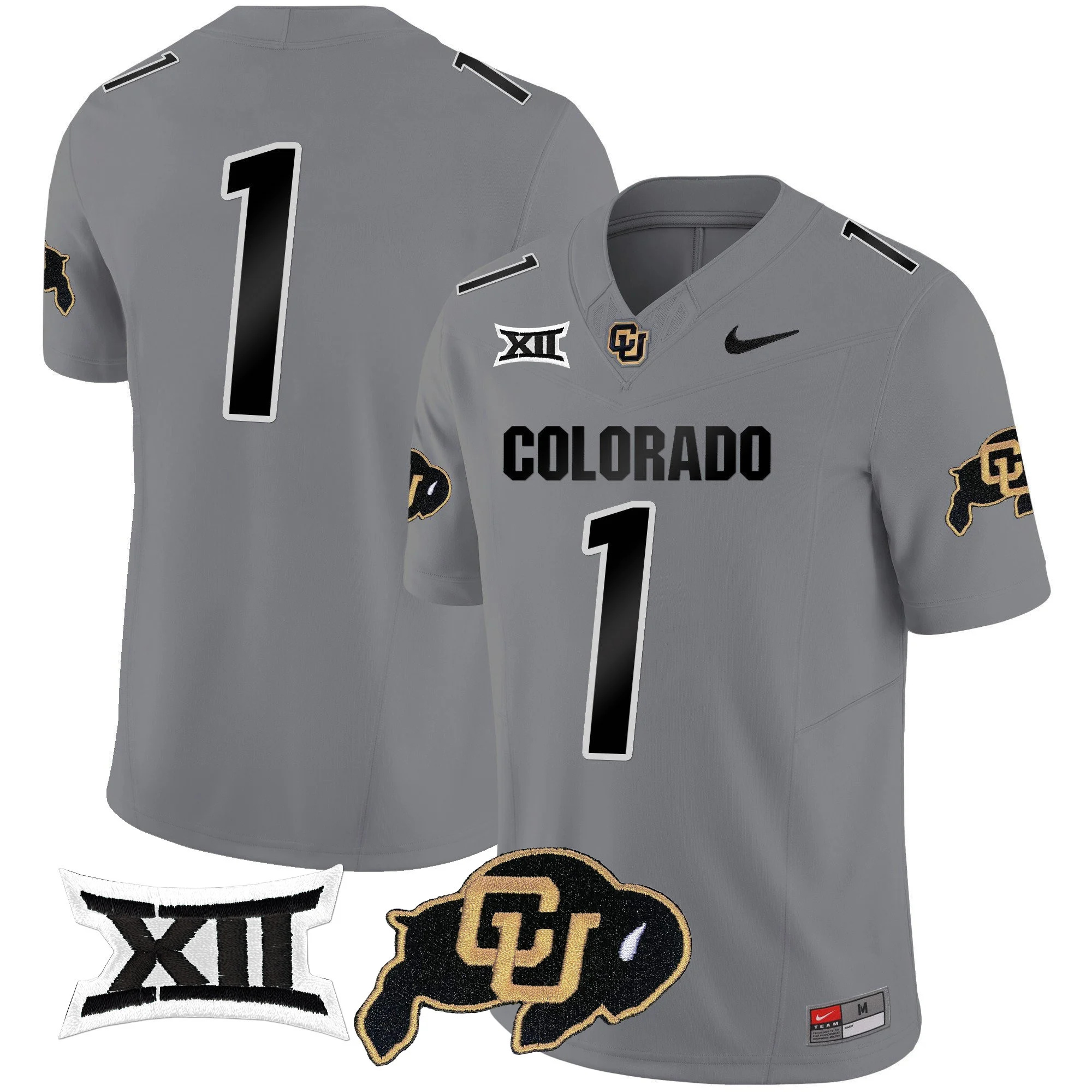Colorado Buffaloes Vapor Limited Football Jersey V2 - Big 12 XII Patch - All Stitched GRAY #1  no name