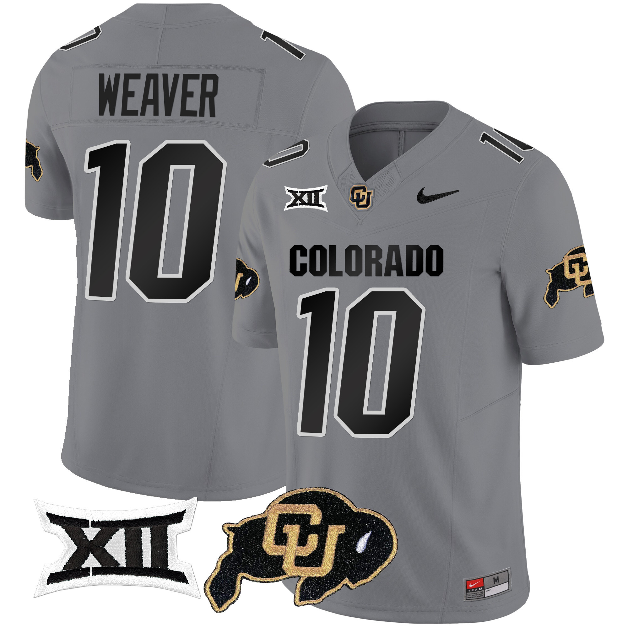 Colorado Buffaloes Vapor Limited Football Jersey V2 - Big 12 XII Patch - All Stitched GRAY #10 XAVIER WEAVER