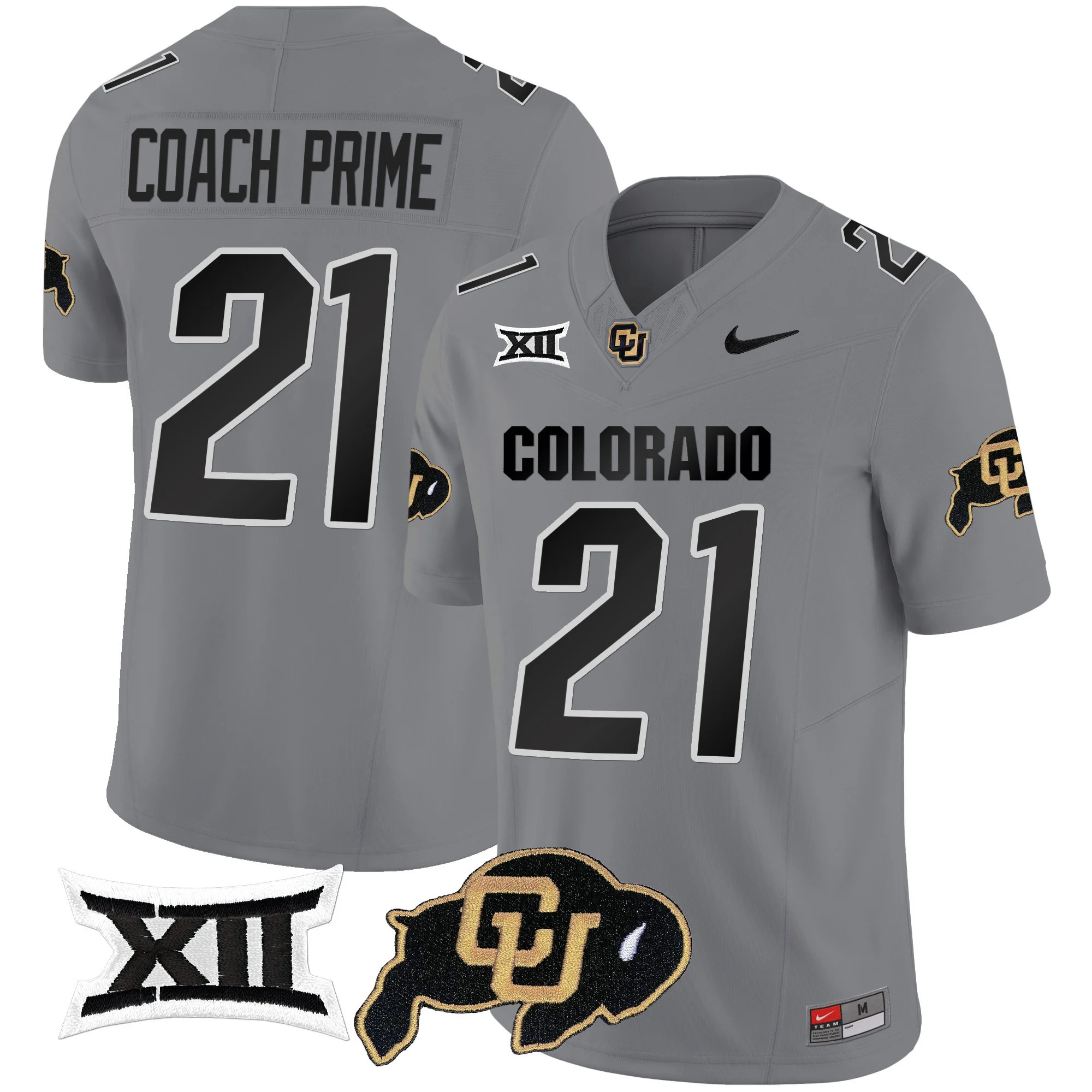 Colorado Buffaloes Vapor Limited Football Jersey V2 - Big 12 XII Patch - All Stitched GRAY #21 COACH PRIME