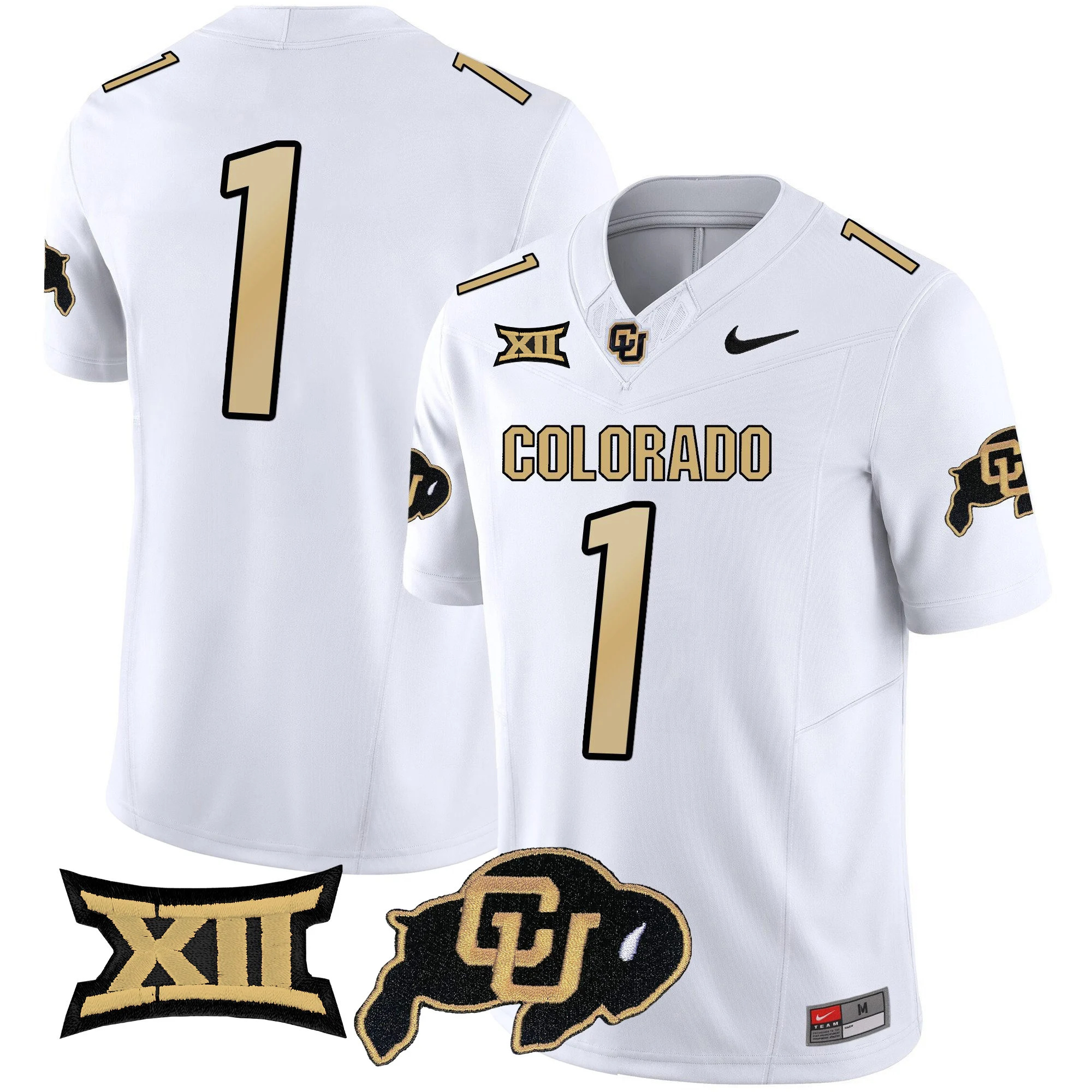 Colorado Buffaloes Vapor Limited Football Jersey V2 - Big 12 XII Patch - All Stitched WHITE #1  no name