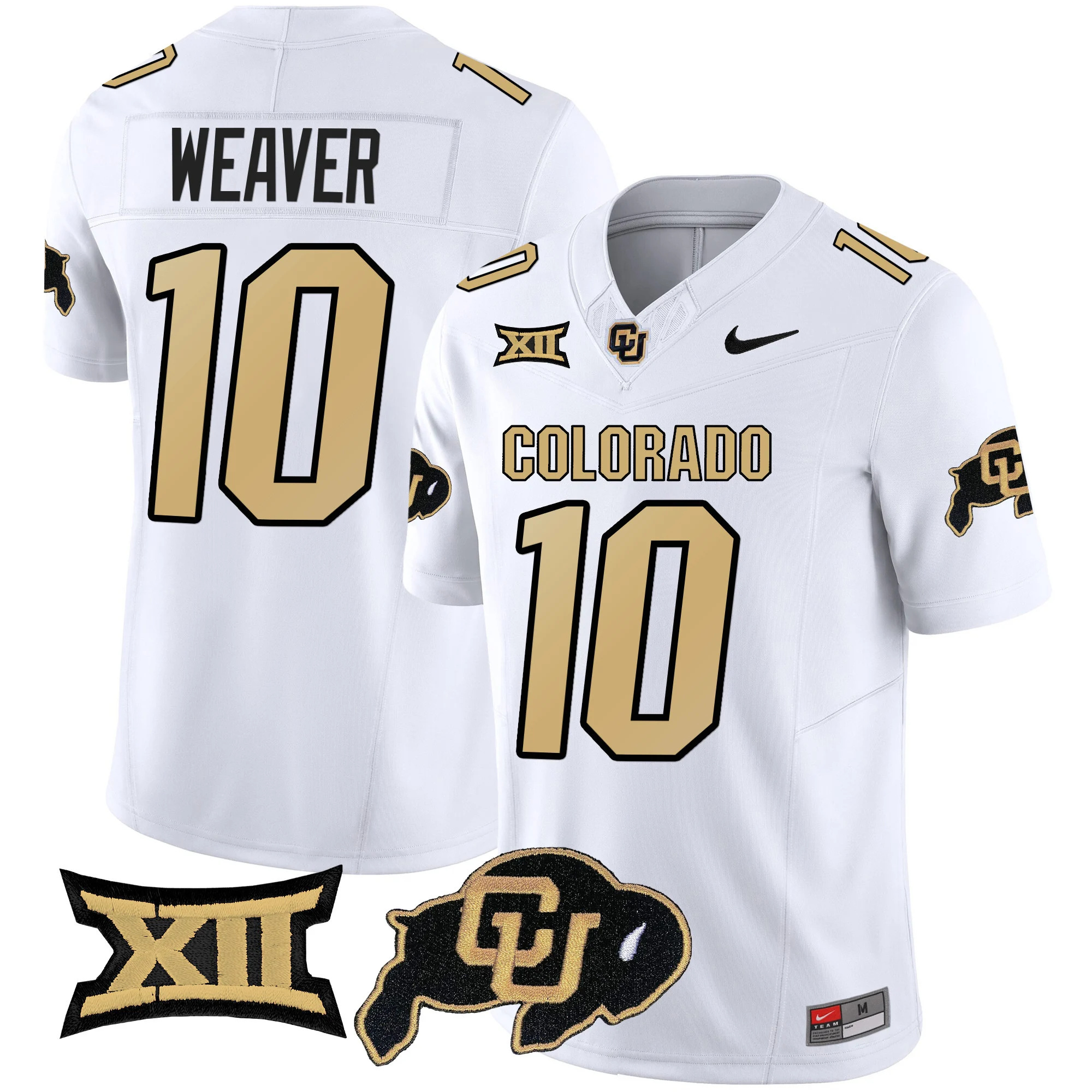 Colorado Buffaloes Vapor Limited Football Jersey V2 - Big 12 XII Patch - All Stitched WHITE #10 XAVIER WEAVER