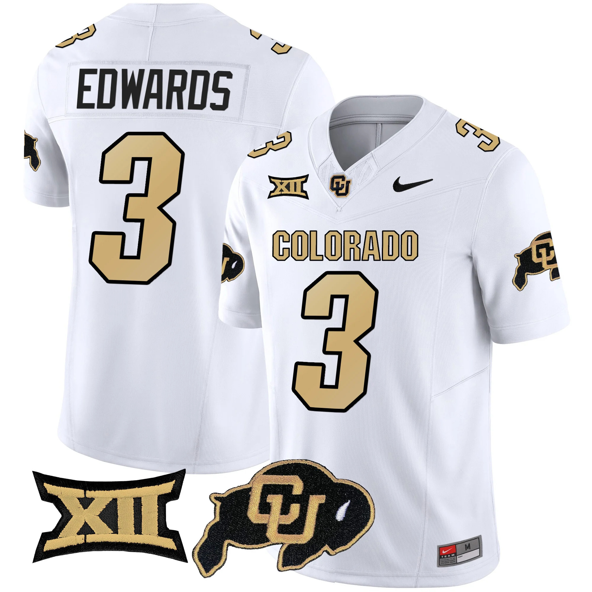 Colorado Buffaloes Vapor Limited Football Jersey V2 - Big 12 XII Patch - All Stitched WHITE #3 DYLAN EDWARDS