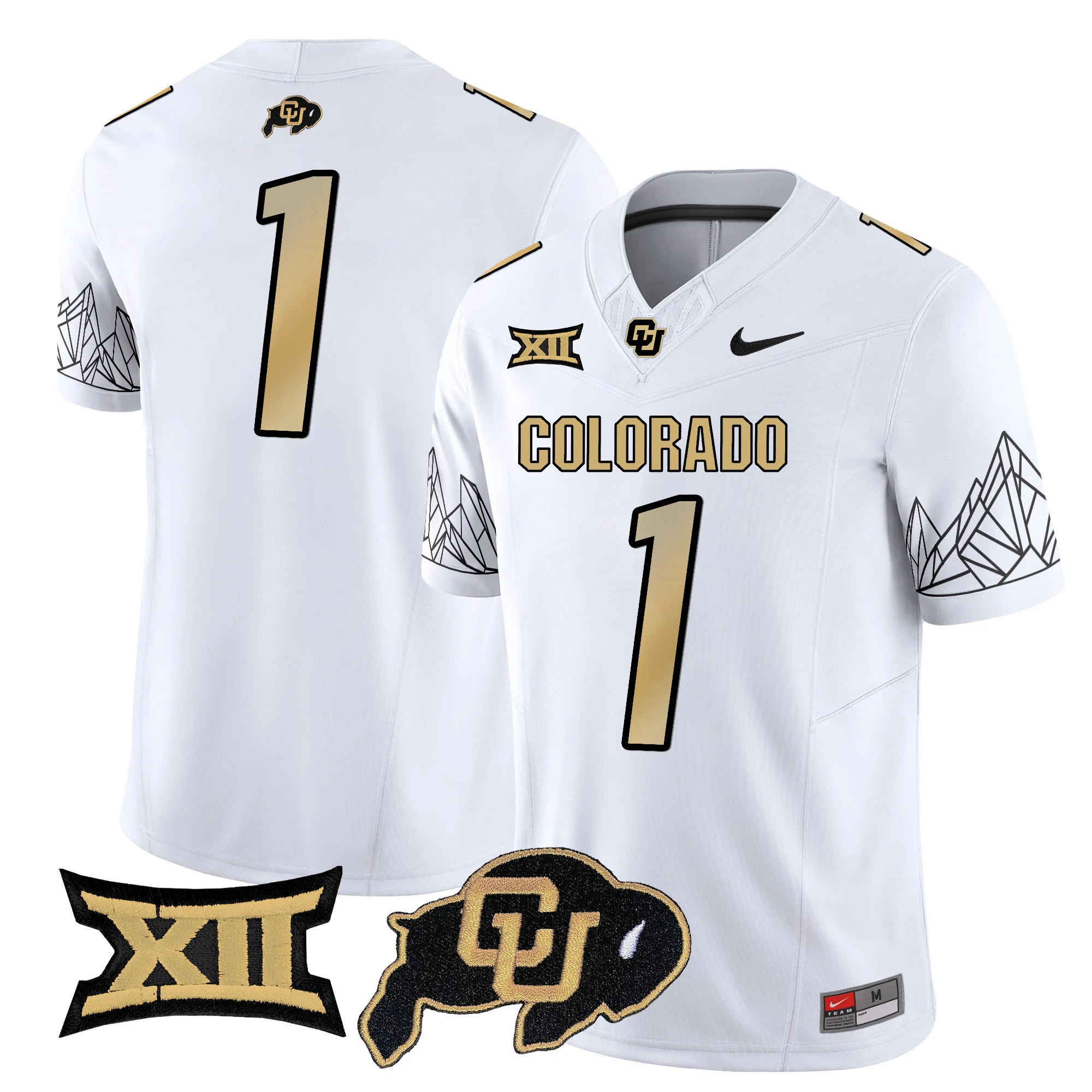 Colorado Buffaloes Vapor Limited football Jersey V3 Big 12 XII Patch - All Stitched WHITE #1  no name