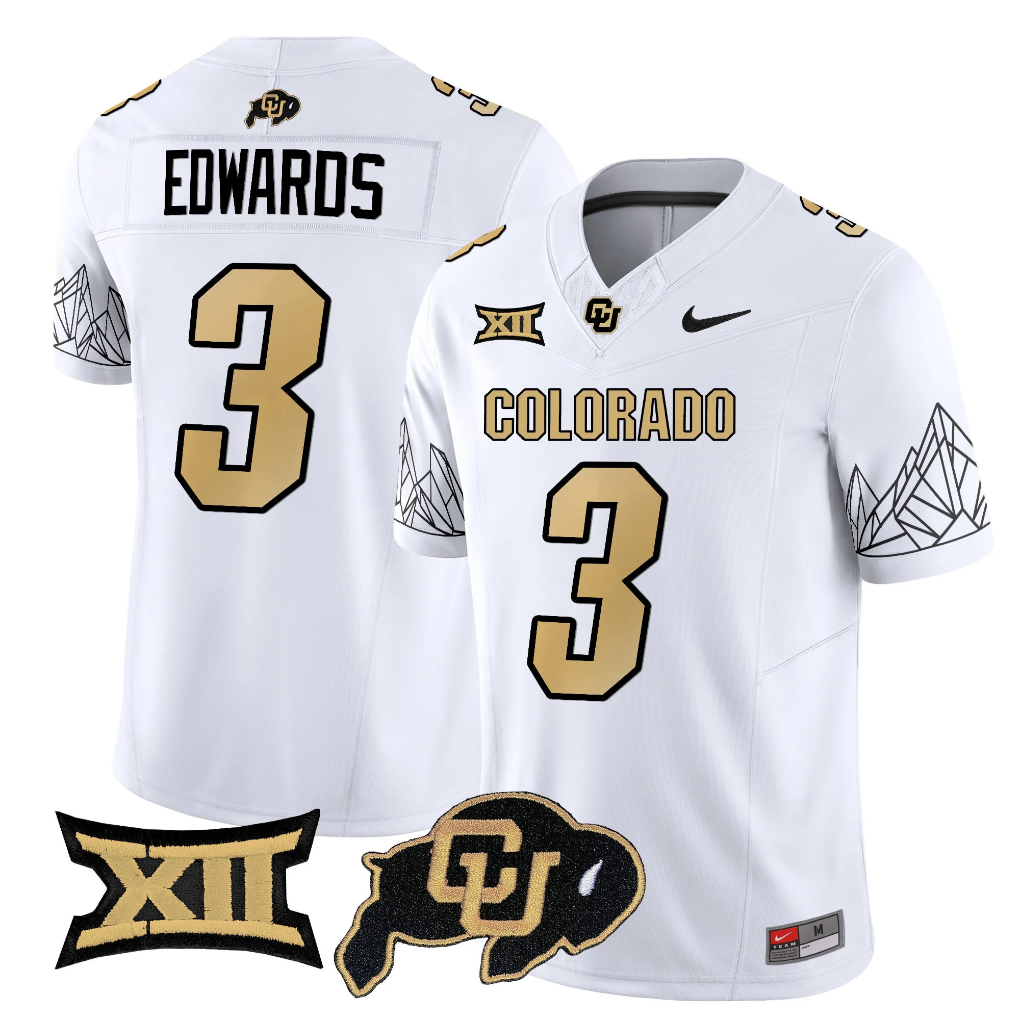 Colorado Buffaloes Vapor Limited football Jersey V3 Big 12 XII Patch - All Stitched WHITE #3 DYLAN EDWARDS