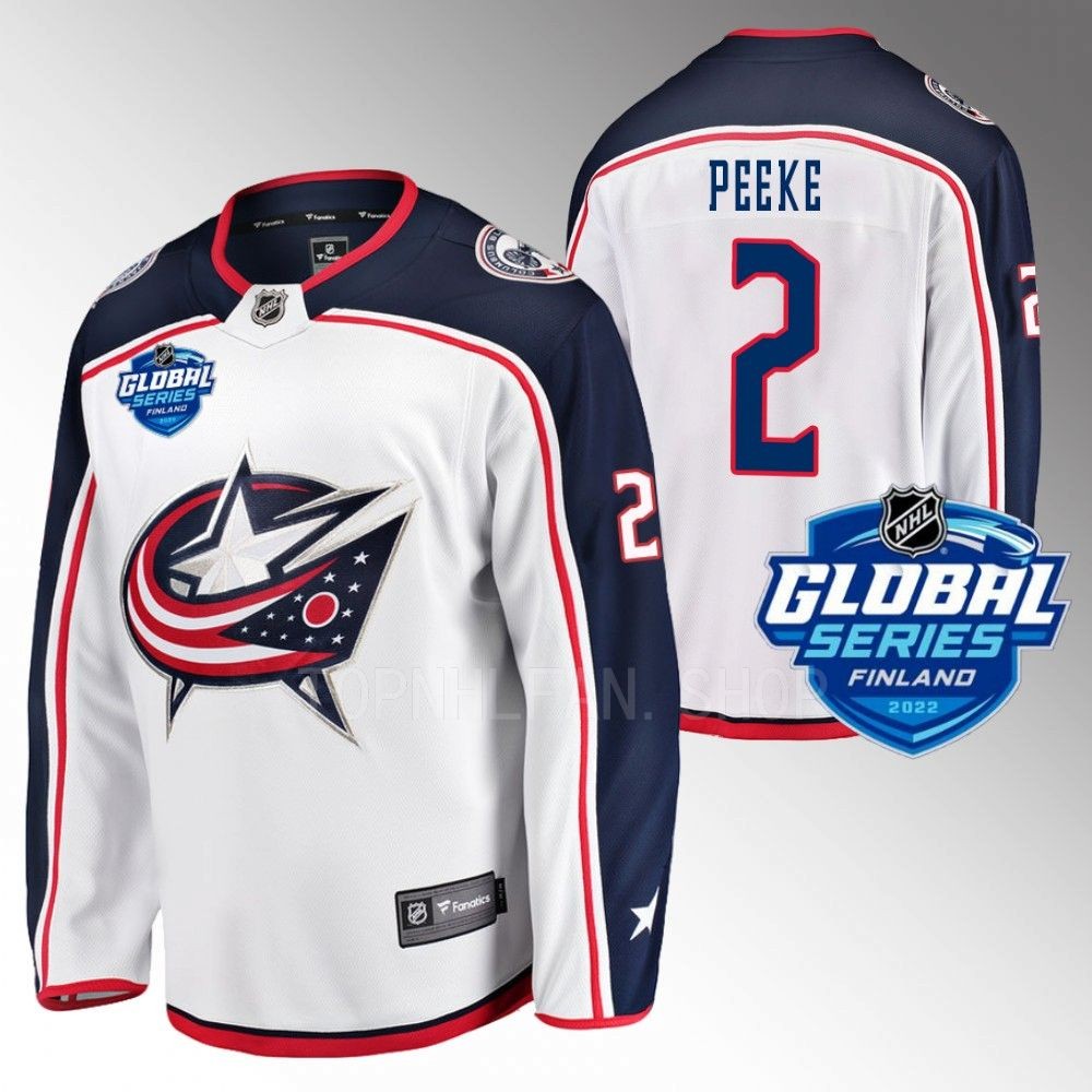 Columbus Blue Jackets Andrew Peeke 2022 NHL Global Series White Away Jersey