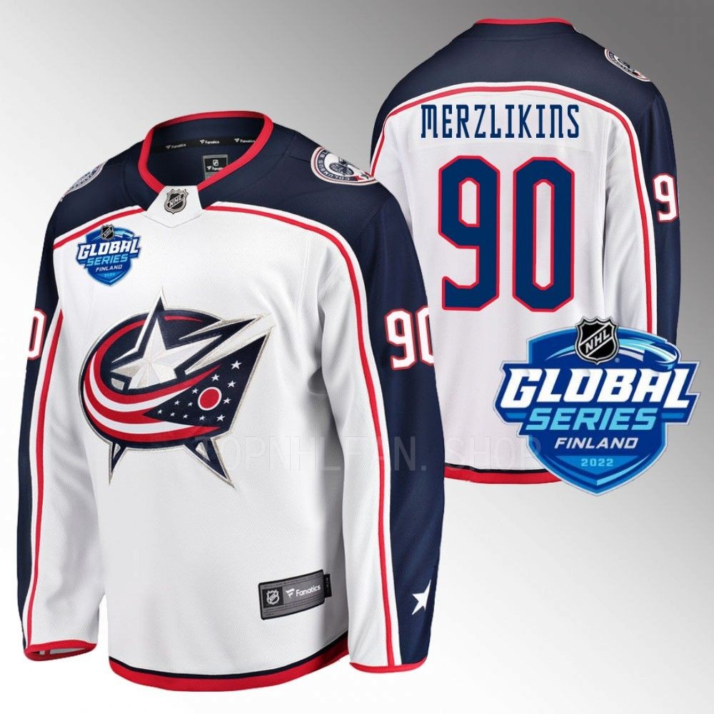 Columbus Blue Jackets Elvis Merzlikins 2022 NHL Global Series White Away Jersey