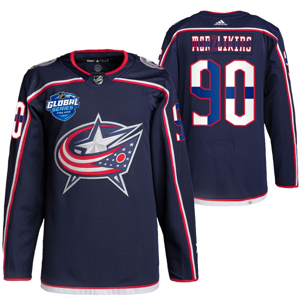 Columbus Blue Jackets Elvis Merzlikins Navy 2022 NHL Global Series Finland Edition Jersey