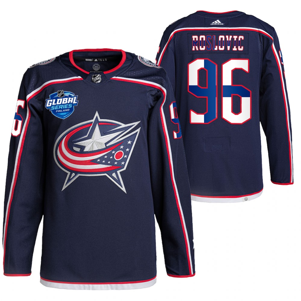 Columbus Blue Jackets Jack Roslovic Navy 2022 NHL Global Series Finland Edition Jersey