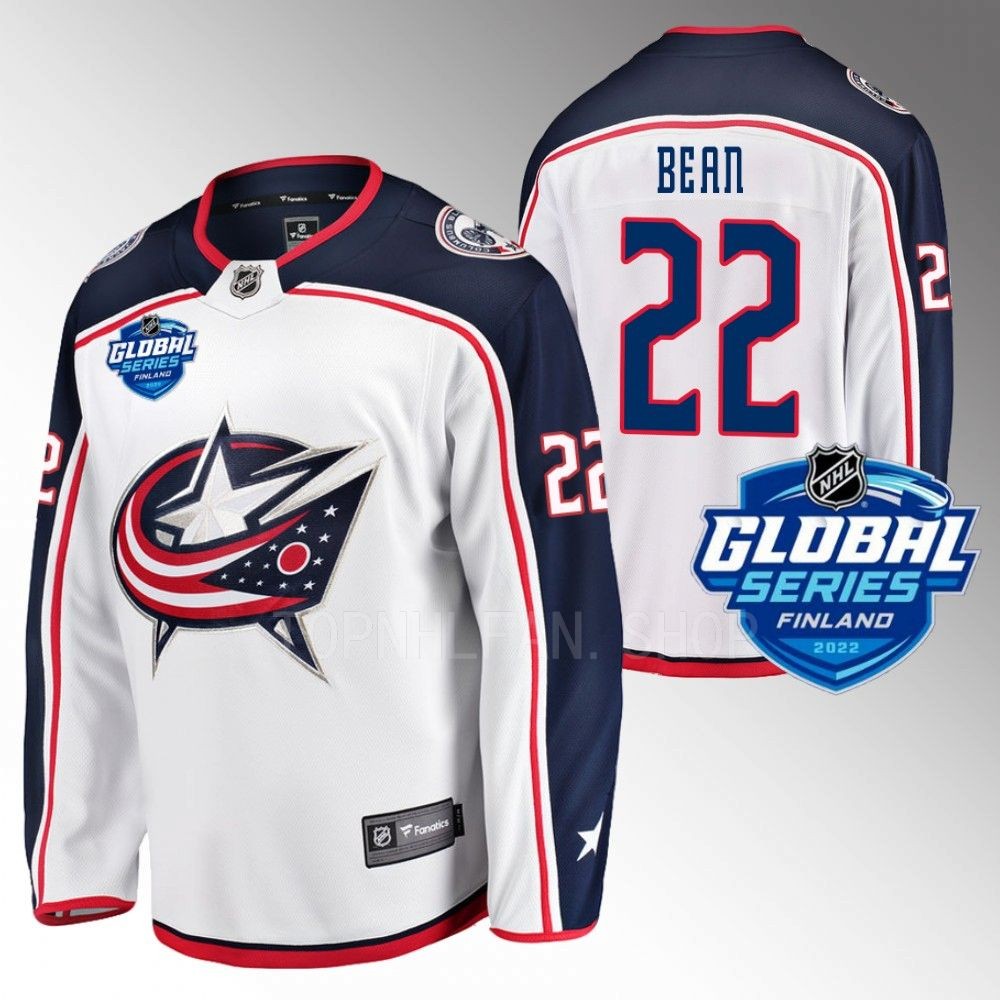 Columbus Blue Jackets Jake Bean 2022 NHL Global Series White Away Jersey
