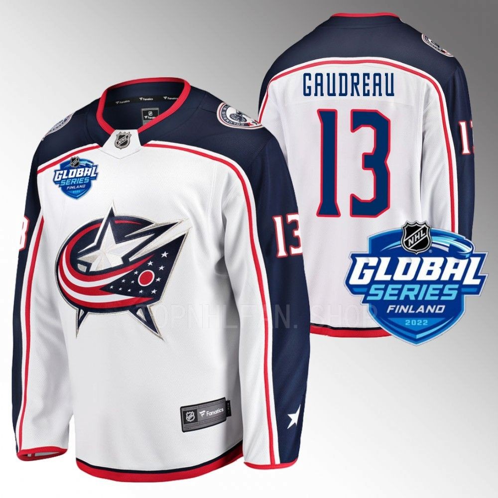Columbus Blue Jackets Johnny Gaudreau 2022 NHL Global Series White Away Jersey