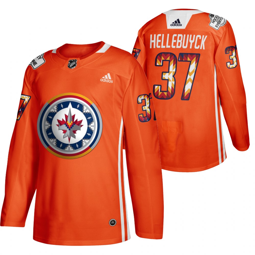 Connor Hellebuyck Jets 2022 WASAC Night Jersey Orange Indigenous Warmup