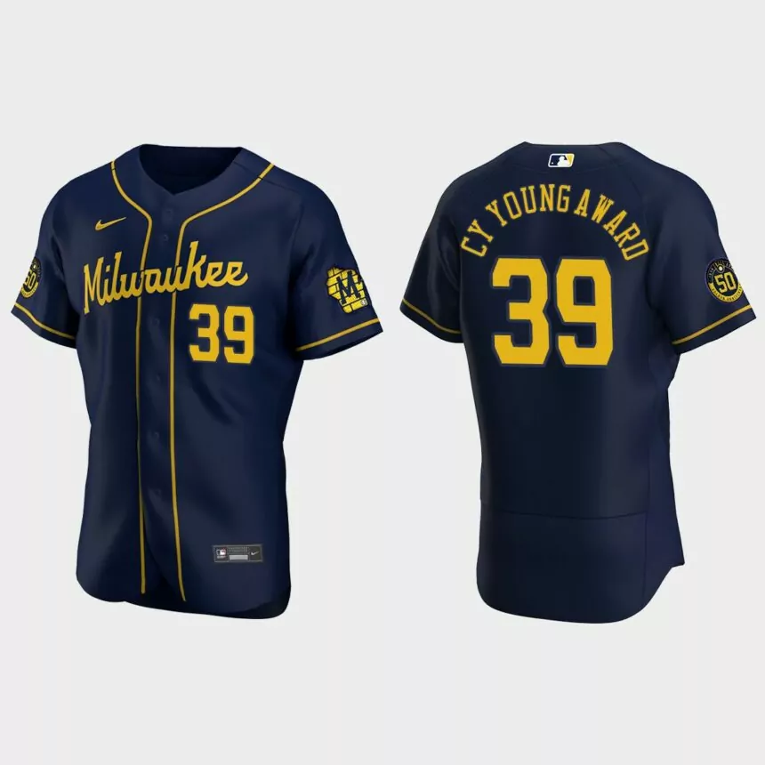Corbin Burnes Milwaukee Brewers 2021 NL Cy Young Award Winner Authentic Jersey – Navy
