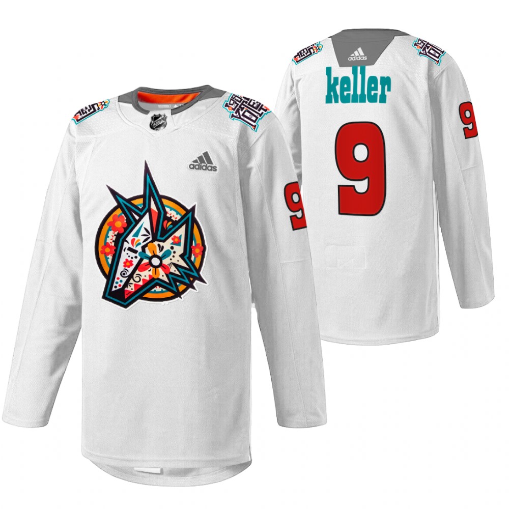 Coyotes Clayton Keller 2022 Los Yotes Night White Warmup Jersey
