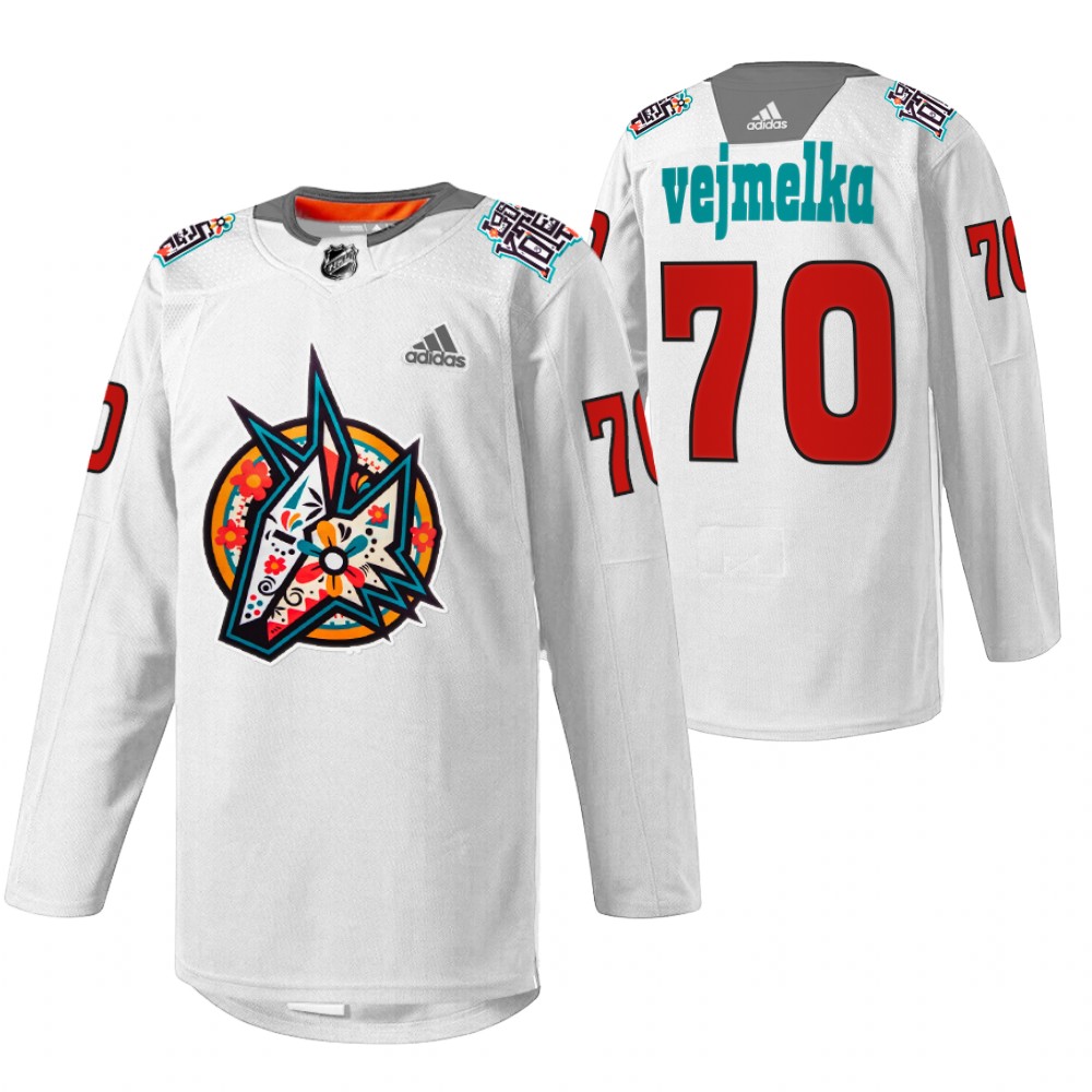 Coyotes Karel Vejmelka 2022 Los Yotes Night White Warmup Jersey