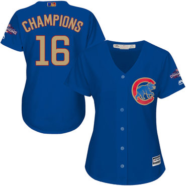 Cubs 16 Champions Blue Women World Series Champions Gold Program Cool Base Jersey