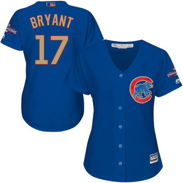 Cubs 17 Kris Bryant Blue Women World Series Champions Gold Program Cool Base Jersey