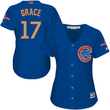 Cubs 17 Mark Grace Blue Women World Series Champions Gold Program Cool Base Jersey