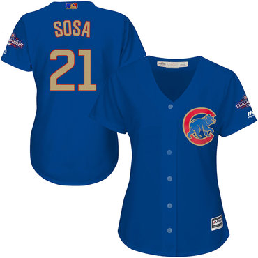 Cubs 21 Sammy Sosa Blue Women World Series Champions Gold Program Cool Base Jersey
