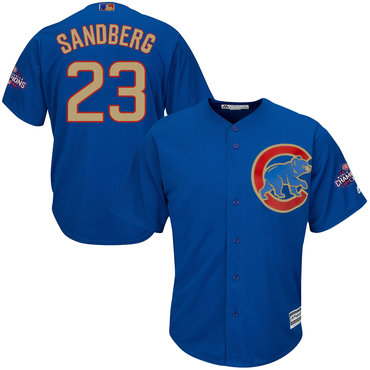 Cubs 23 Ryne Sandberg Blue World Series Champions Gold Program Cool Base Jersey