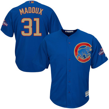 Cubs 31 Greg Maddux Blue World Series Champions Gold Program Cool Base Jersey
