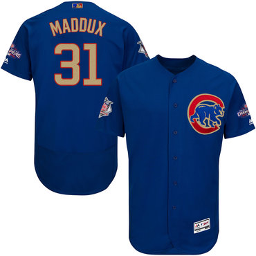 Cubs 31 Greg Maddux Blue World Series Champions Gold Program Flexbase Jersey