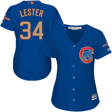 Cubs 34 Jon Lester Blue Women World Series Champions Gold Program Cool Base Jersey
