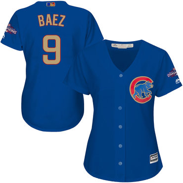 Cubs 9 Javier Baez Blue Women World Series Champions Gold Program Cool Base Jersey