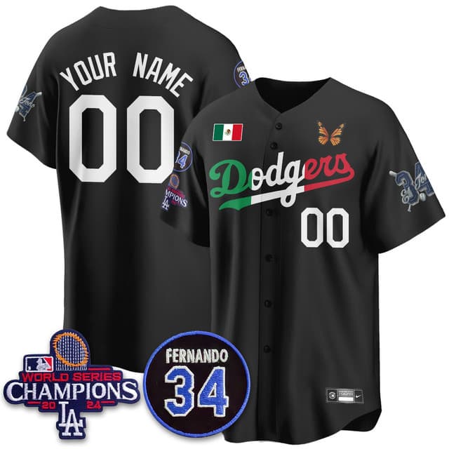 Custom   Los Angeles   Dodgers Mexican For 34 Custom Jersey - All Stitched  Black