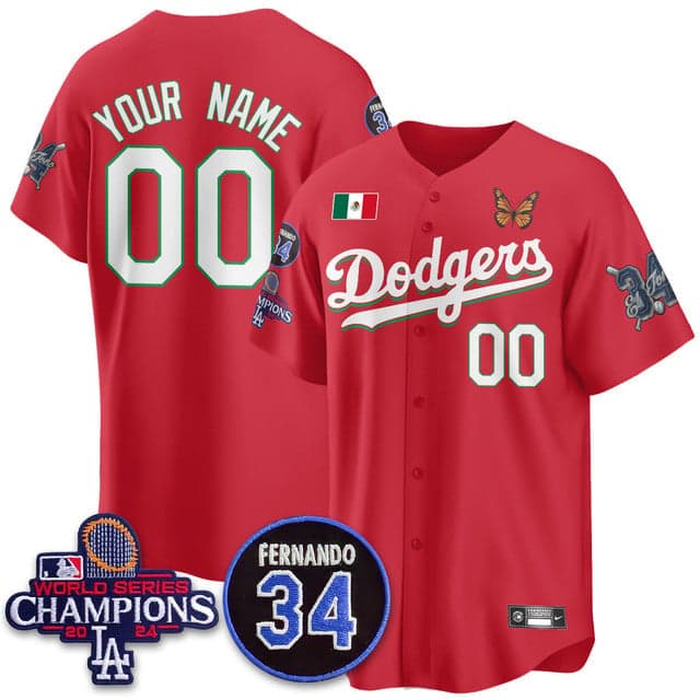 Custom   Los Angeles   Dodgers Mexican For 34 Custom Jersey - All Stitched Red