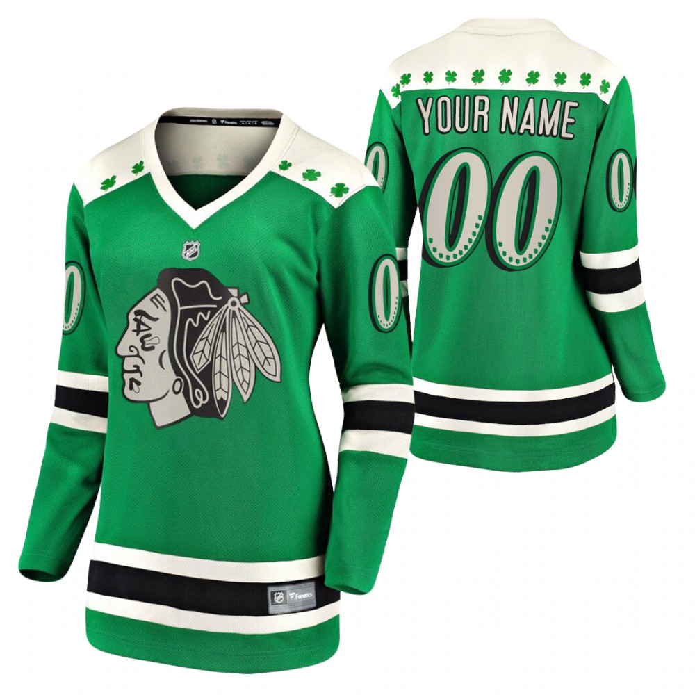 Custom #00 Blackhawks 2021 St. Patrick's Day Women Jersey Green