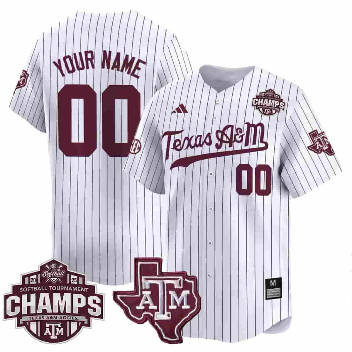 Custom  Men's Size - Texas A&M Aggies 2025 SEC Softball Conference Tournament Champions Patch Vapor Premier Limited Jersey - All Stitched Pinstripe