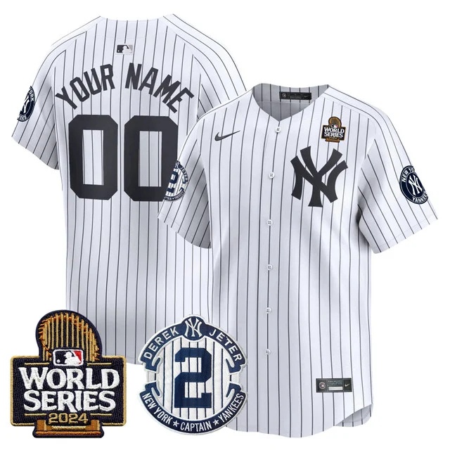 Custom  Men's Yankees Derek Jeter Patch 2024 World Series Vapor Premier Limited Jersey - All Stitched Black GoldWhite