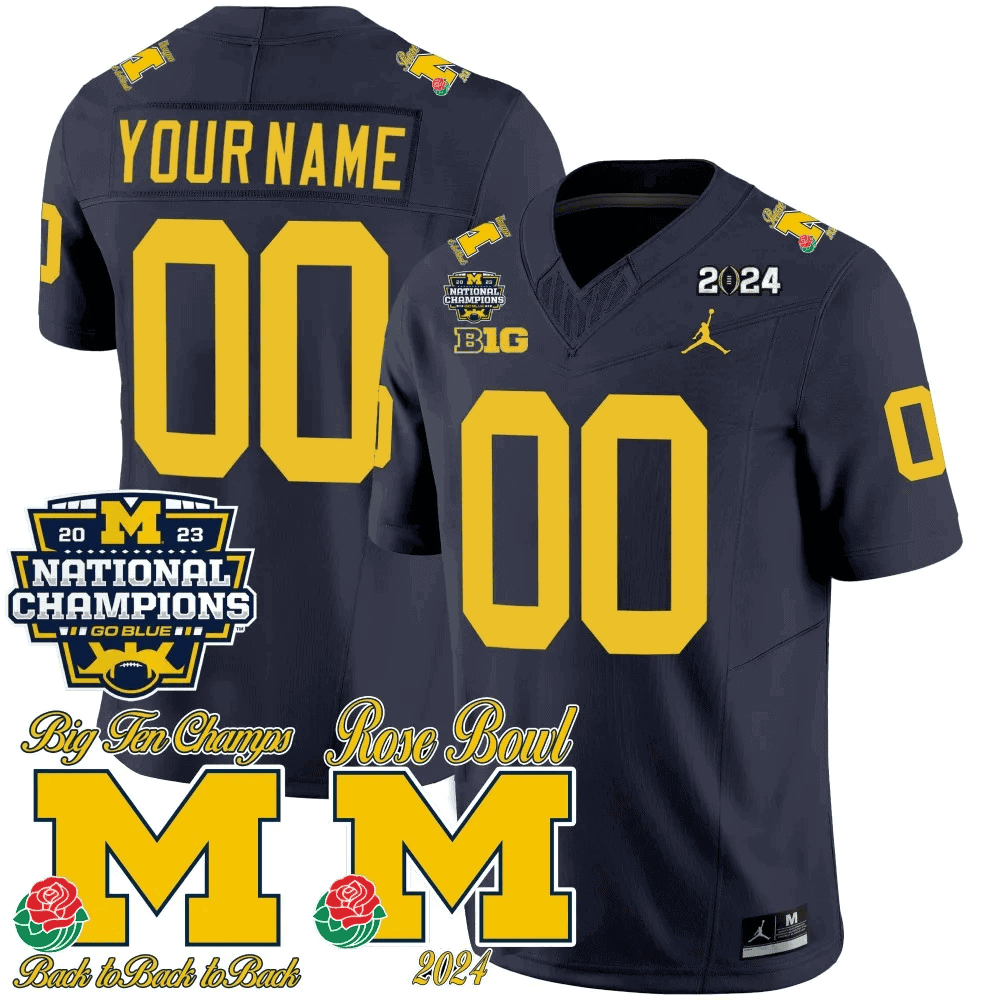 Custom  Michigan Wolverines 2023 National Champions & Rose Bowl Patch Vapor  Football Jersey- All Stitched Navy