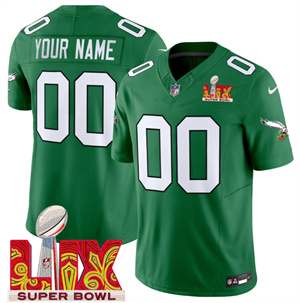 Custom  Philadelphia Eagles Kelly Green Super Bowl LIX Patch Vapor Limited Football  Jersey - All Stitched  Kelly Green