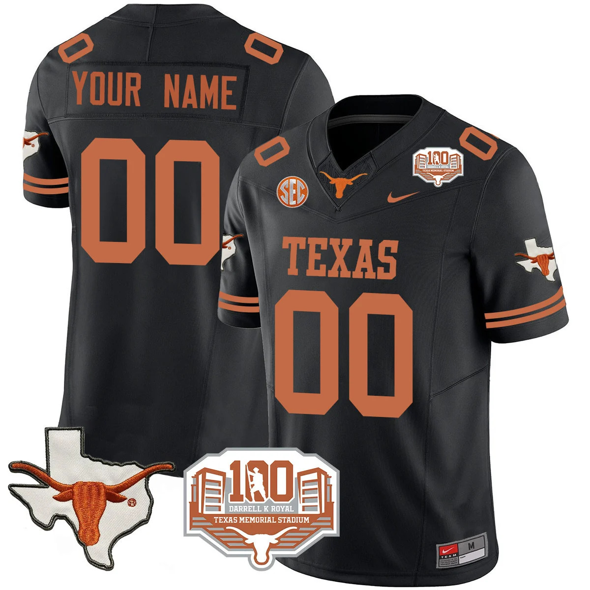 Custom  Texas Longhorns 2024 Vapor Football Jersey - 100 years of Darrell K Royal - All Stitched  BLACK