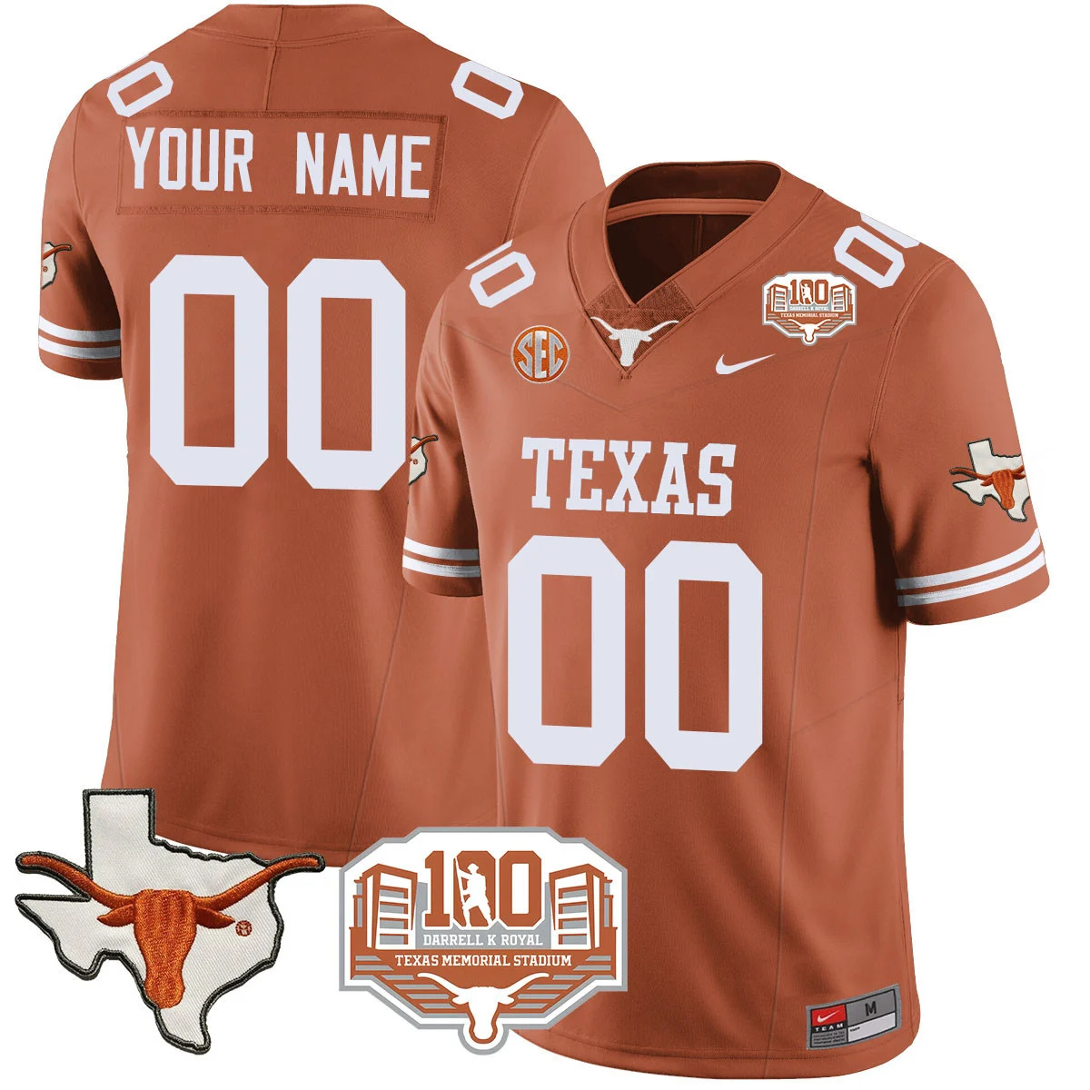 Custom  Texas Longhorns 2024 Vapor Football Jersey - 100 years of Darrell K Royal - All Stitched  TEXAS ORANGE