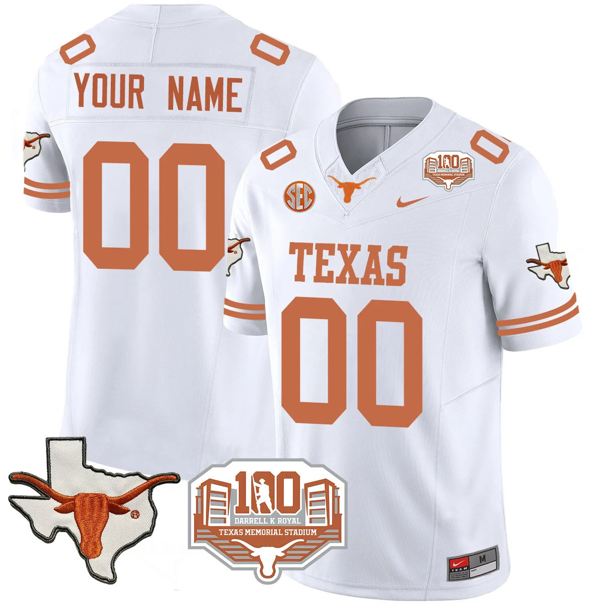 Custom  Texas Longhorns 2024 Vapor Football Jersey - 100 years of Darrell K Royal - All Stitched  WHITE