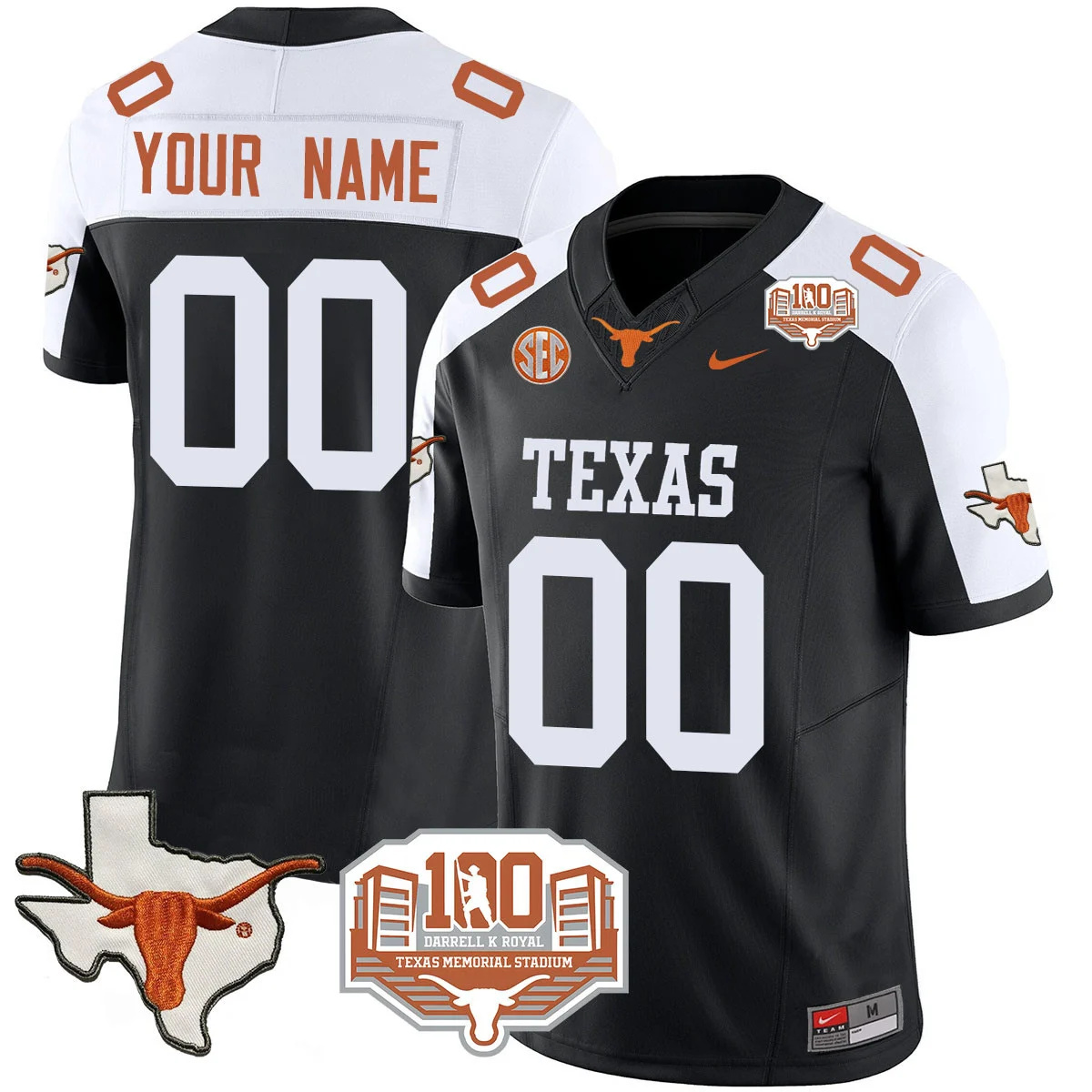 Custom  Texas Longhorns 2024 Vapor Football Jersey - 100 years of Darrell K Royal - All Stitched BLACK ALTERNATE
