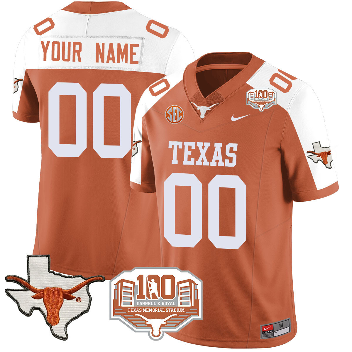Custom  Texas Longhorns 2024 Vapor Football Jersey - 100 years of Darrell K Royal - All Stitched ORANGE ALTERNATE