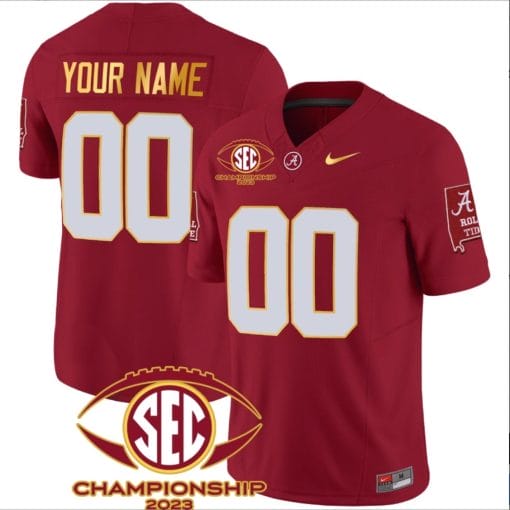 Custom Alabama Crimson Jersey Name and Number SEC Championship 2023 Patch Gold Football Crimson