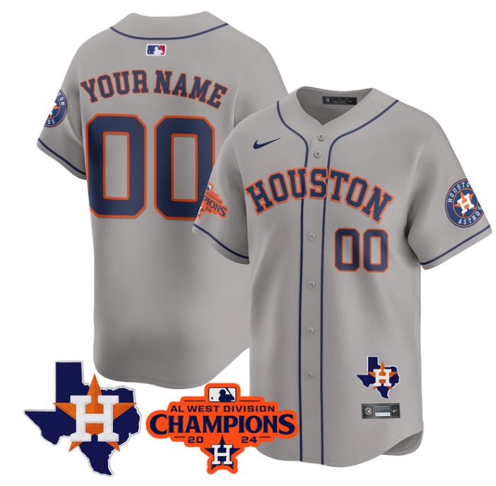 Custom Astros 2024 AL West Champions Baseball  Jersey - All Stitched  GRAY