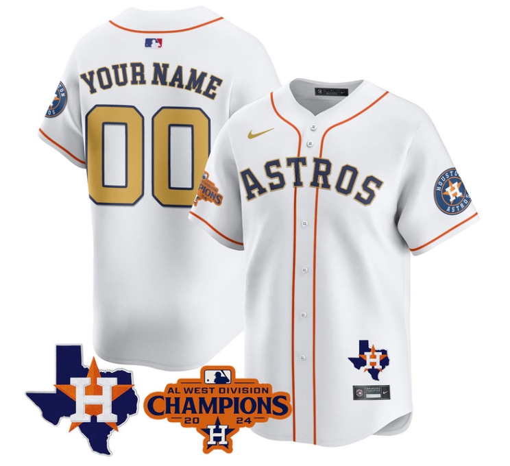 Custom Astros 2024 AL West Champions Baseball  Jersey - All Stitched  WHITE GOLD