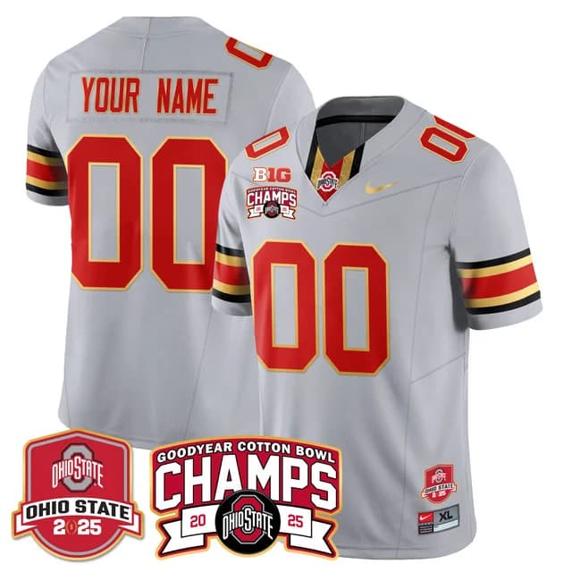 Custom GenderName Ohio State Buckeyes 2024 Cotton Bowl Champions Gold Jersey N5 - All Stitched Gray