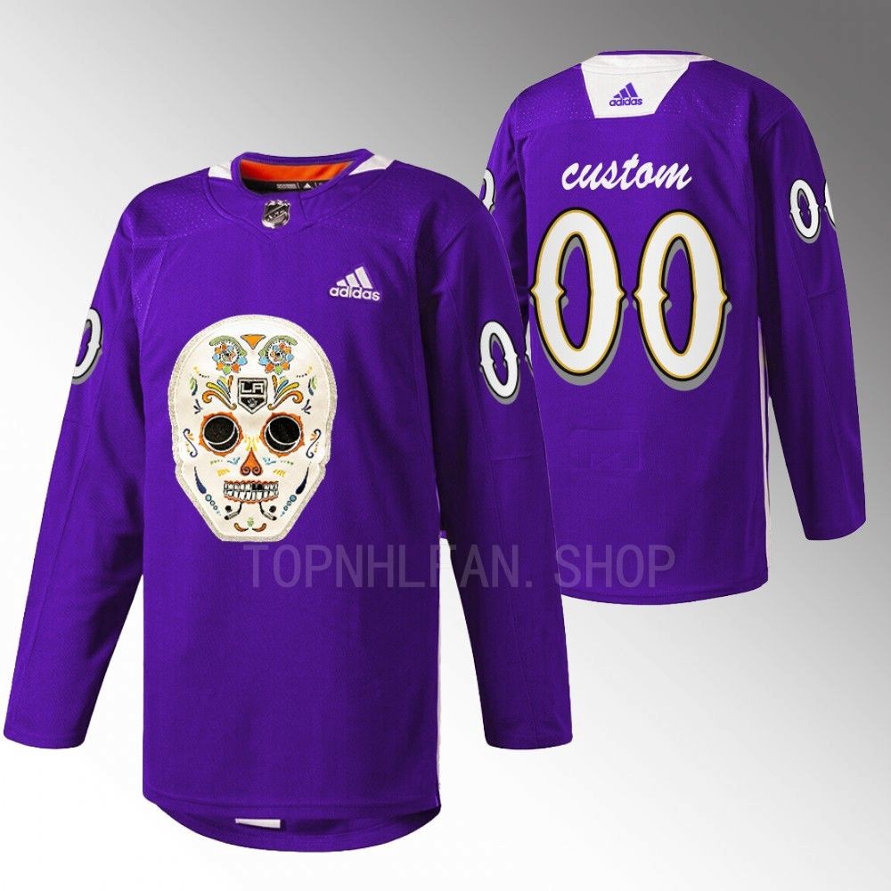 Custom LA Kings Dia De Los Metros Night Jersey Purple Sugar Skull warmup
