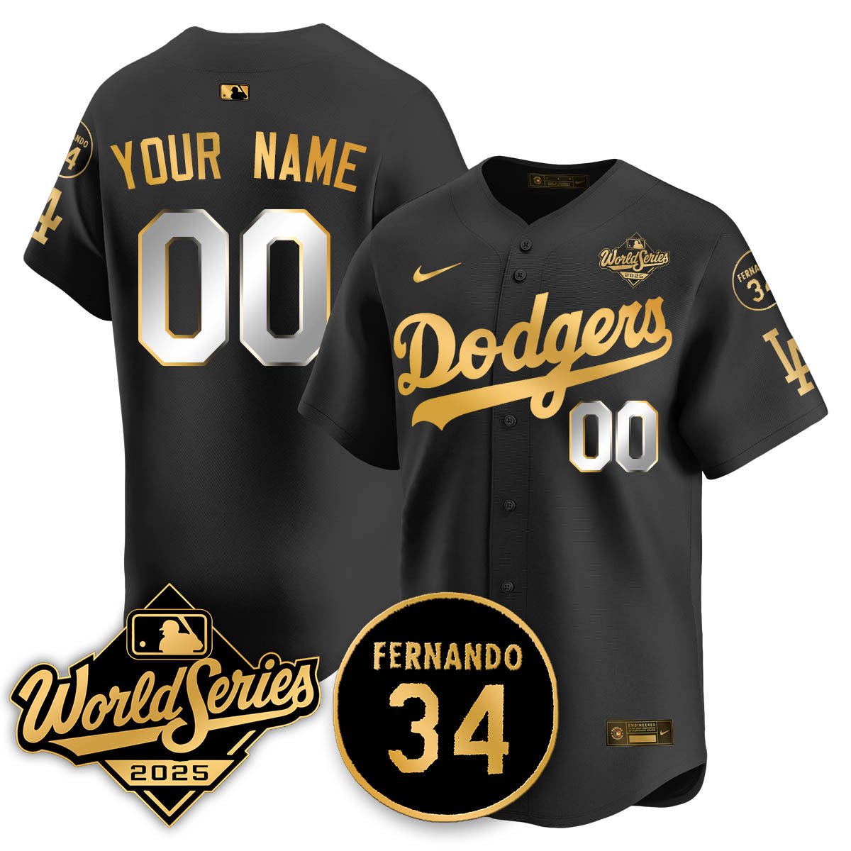 Custom Los Angeles Dodgers 2025 National League Champions Jersey - All Stitched Black Gold