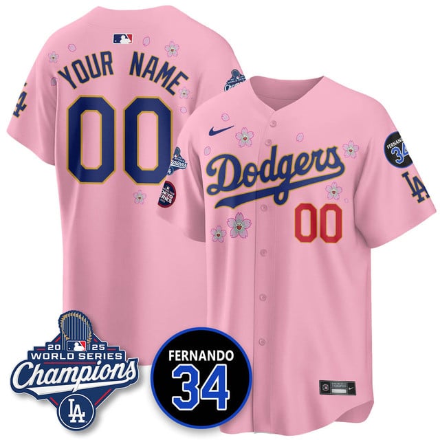 Custom Los Angeles Dodgers 2025 World Series Champions   Jersey - All Stitched Cherry Blossom