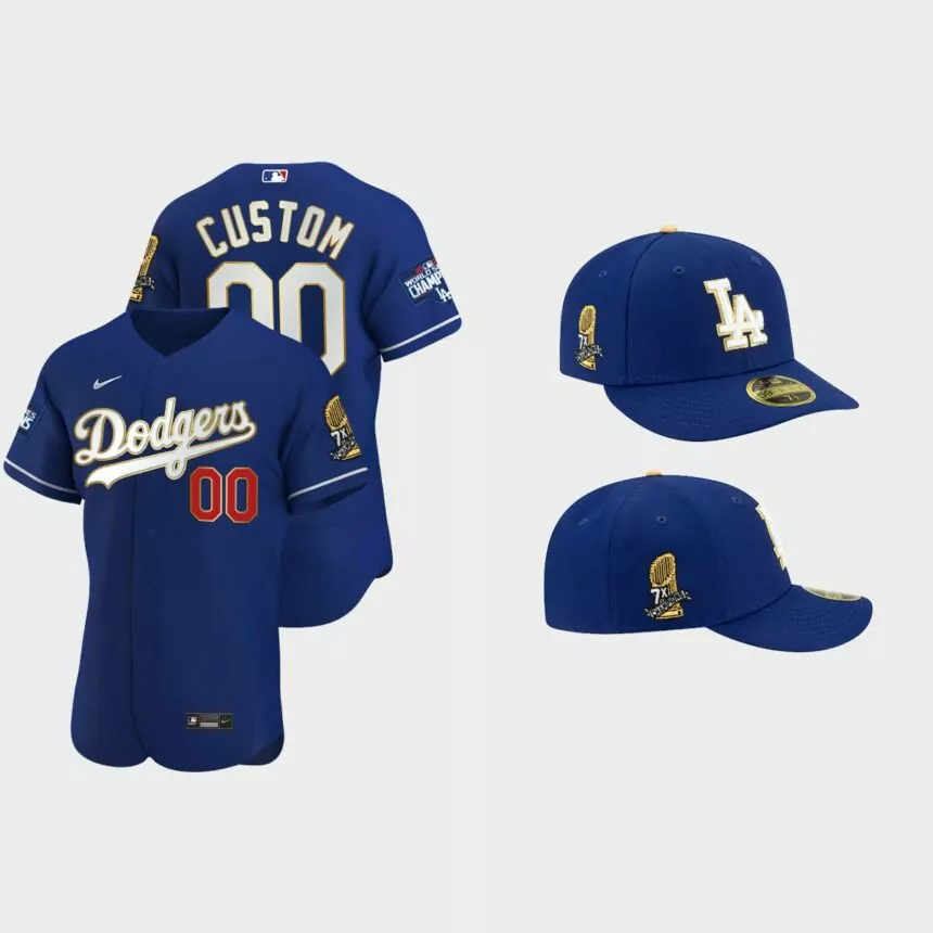 Custom Los Angeles Dodgers 7X Champs Trophy Jersey Cap Jersey – Royal